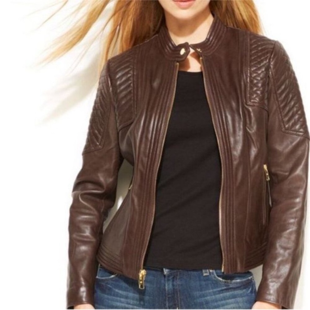 NWOT Michael Kors Dark Brown 100% Leather Quilted Moto Jacket